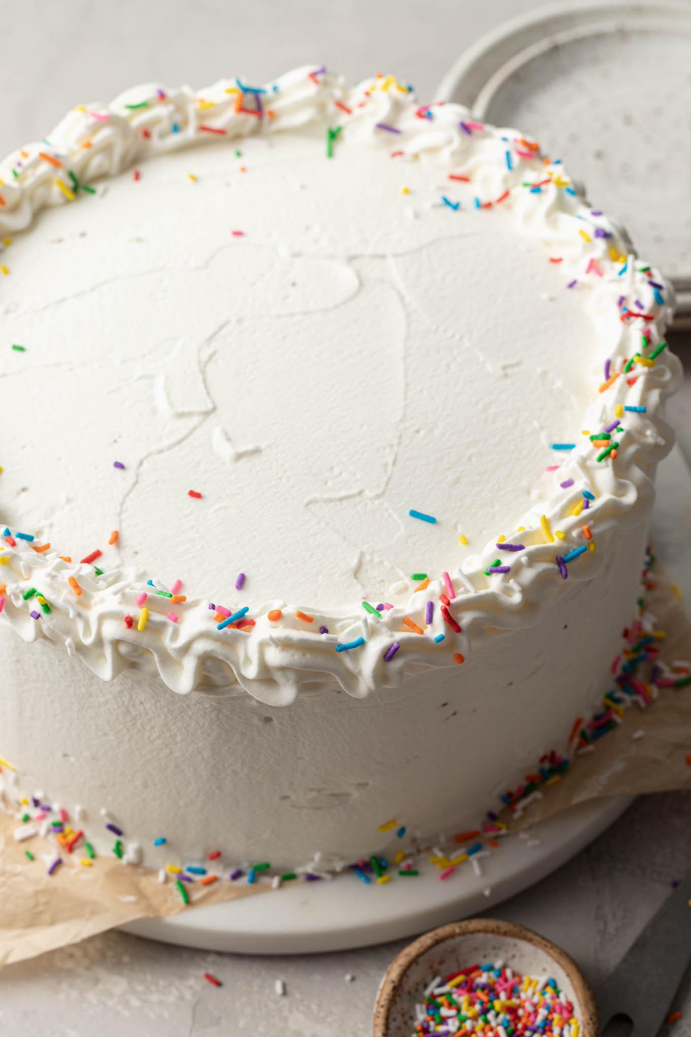 A finished ice cream cake coated in whipped cream and topped with sprinkles.