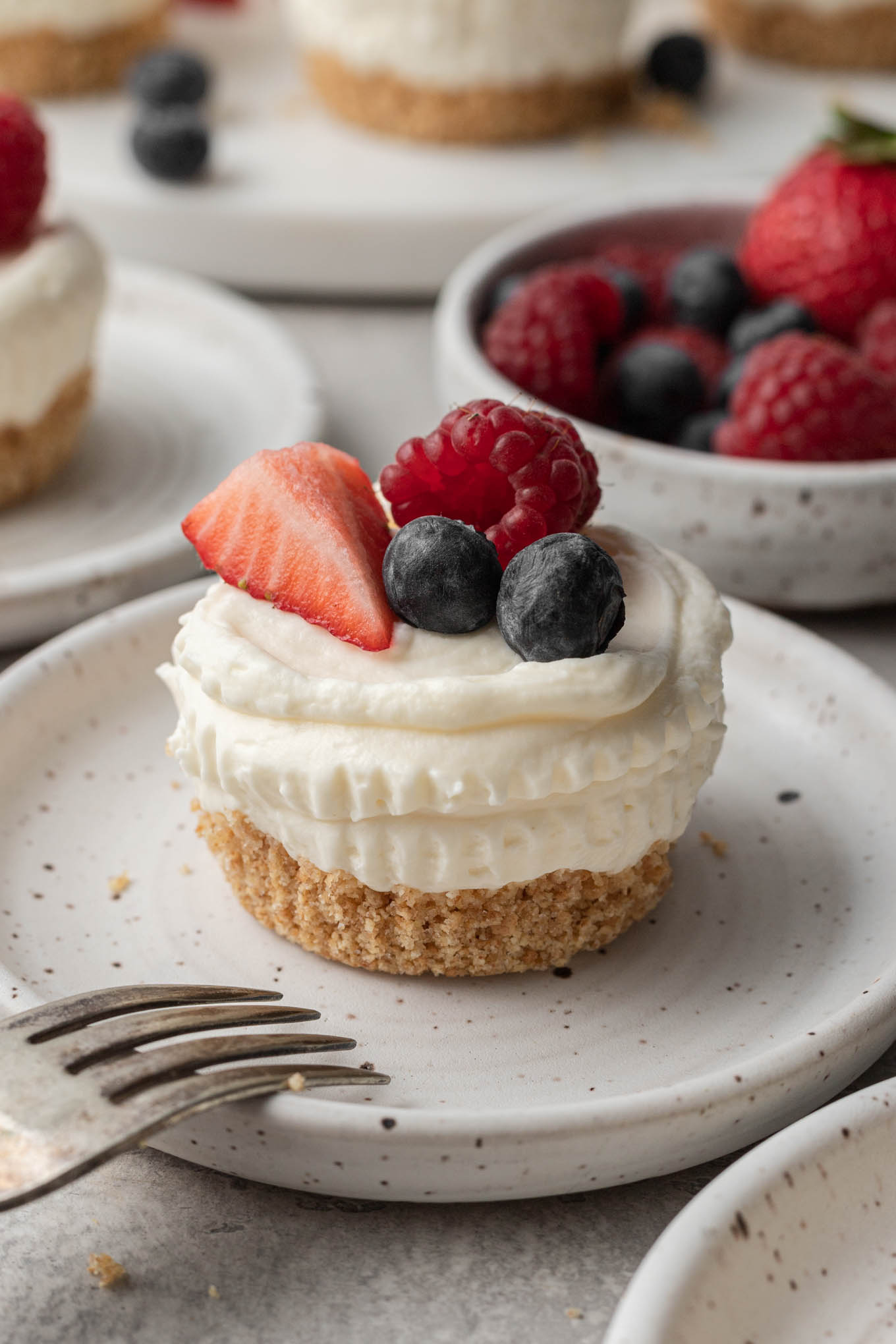 Una mini tarta de queso sin hornear cubierta con bayas frescas, en un plato de postre blanco moteado. 