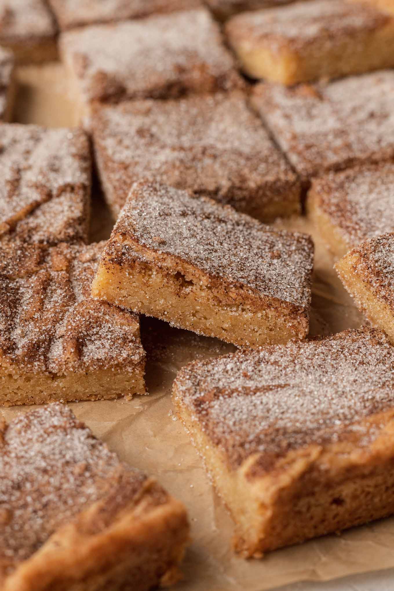 Una vista lateral de rubias snickerdoodle en rodajas sobre papel pergamino.  Una galleta está apoyada en el medio. 