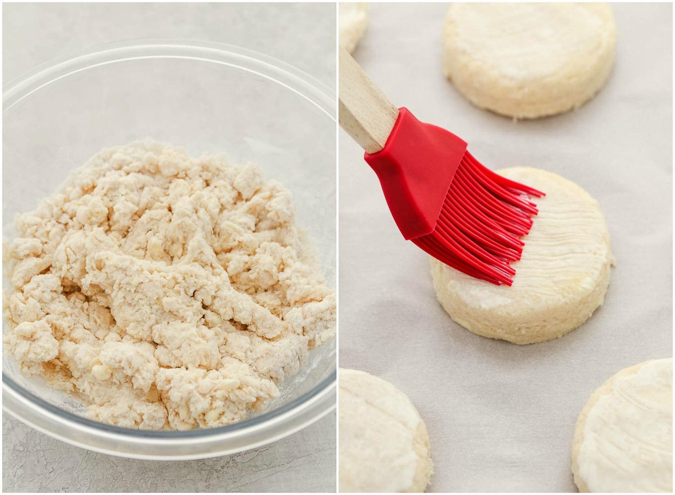 Una imagen de collage que muestra la masa de galleta de tarta mezclada y la masa cortada y untada con mitad y mitad.